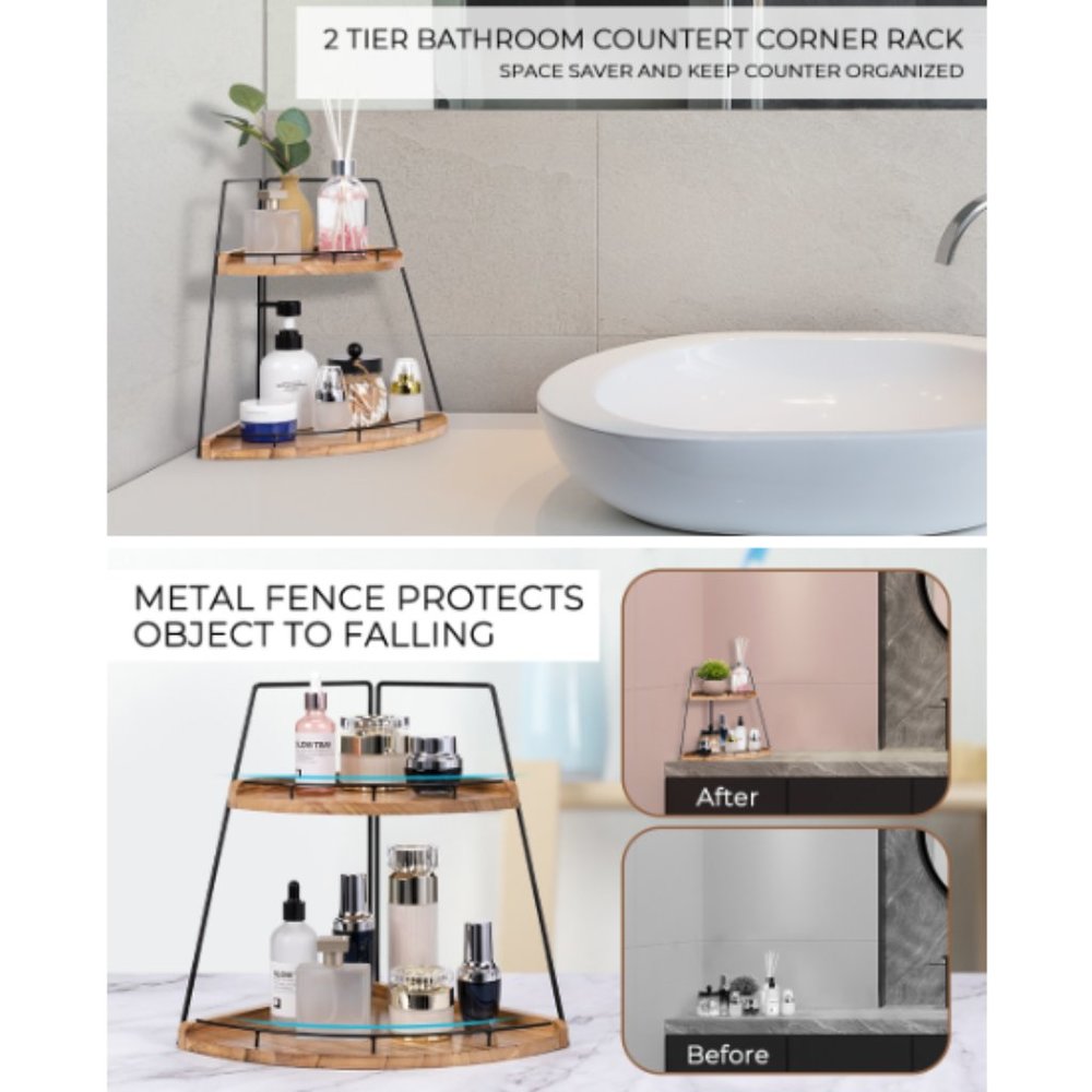 2-Tier Wooden Corner Organizer - Bathroom/ Kitchen/ Vanity Corner Shelf Storage - Picture 11 of 11